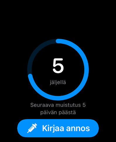 Dial Apple Watchissa syklirenkaalla, joka laskee päiviä seuraavaan annokseen, seuraavalla muistutuksella ja kirjaamispainikkeella