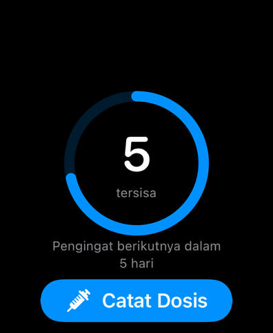 Dial di Apple Watch dengan cincin siklus yang menghitung hari hingga dosis berikutnya, pengingat berikutnya, dan tombol catat