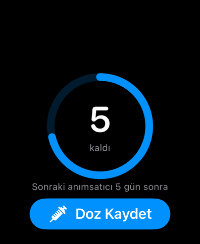 Sonraki doza gün sayan döngü halkası, sonraki anımsatıcı ve kaydetme düğmesiyle Apple Watch'ta Dial
