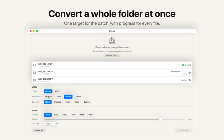 Press converting three videos in one batch with per-file progress, under the caption Convert a whole folder at once